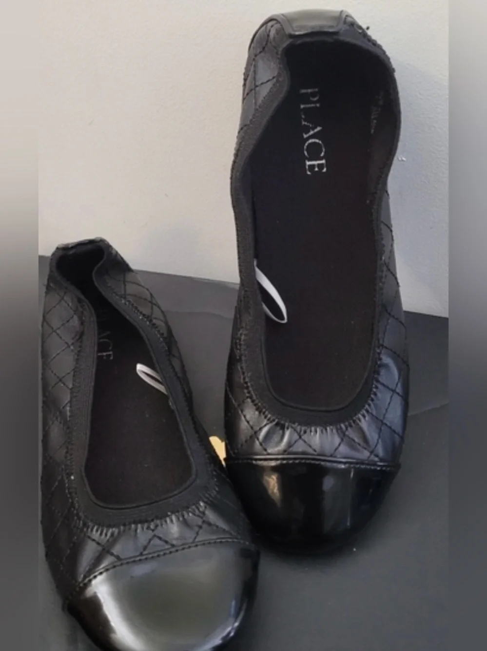 Place Girls Black Quilted Slip-On Ballet Flat with Patent Cap Size 2